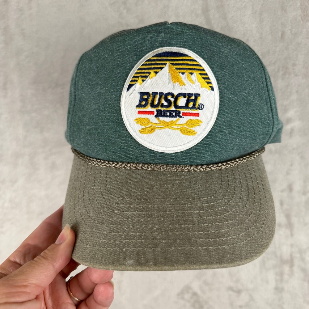 Busch Beer Cobra Snapback Hat Green‎ Khaki Rope Trucker Cap Mountain Patch Mens